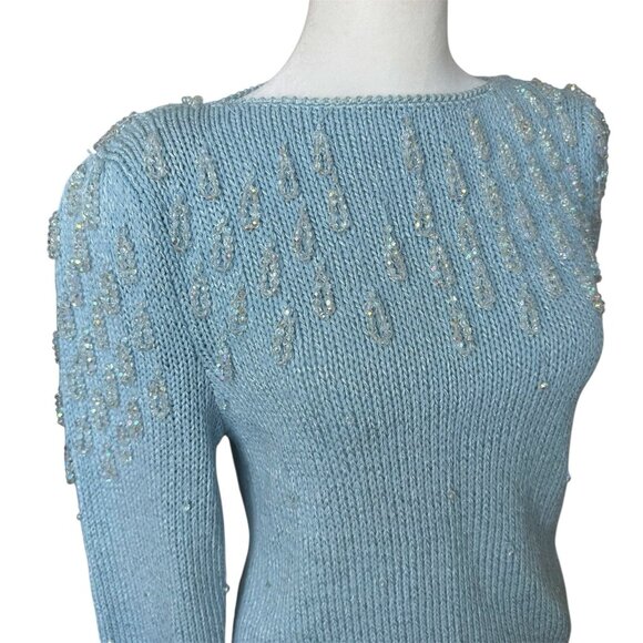 80s VTG Nannell Beaded Puff Sleeve Sweater Size Medium Crystals Icicles Winter - Picture 2 of 10